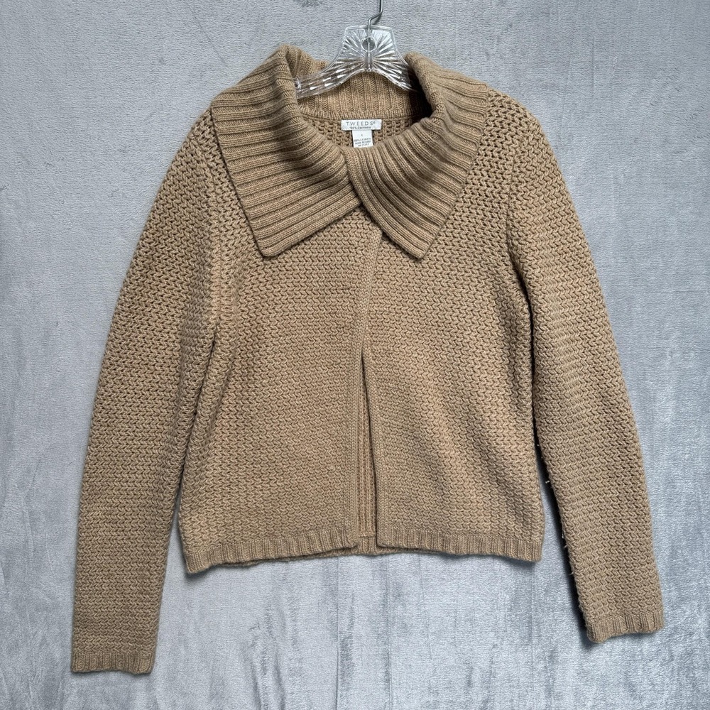 Tweeds Cardigan Sweater Womens Large Beige Full Zip Shawl Collar 100% Cashmere